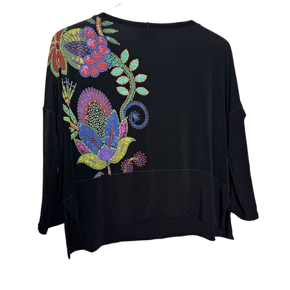 Eva Varro slinky jersey top black size small dolman sleeves bright print shirt - Picture 5 of 7